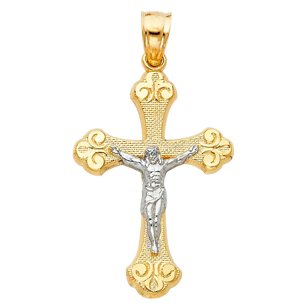 14K Gold Crucifix Charm Pendant with 1.7mm Flat Open Wheat Chain Necklace