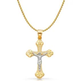 14K Gold Crucifix Charm Pendant with 1.7mm Flat Open Wheat Chain Necklace