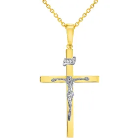 14k Two-Tone Gold 3D INRI Catholic Chrisitan Crucifix Cross Pendant With Cable, Curb or Figaro Chain Necklace