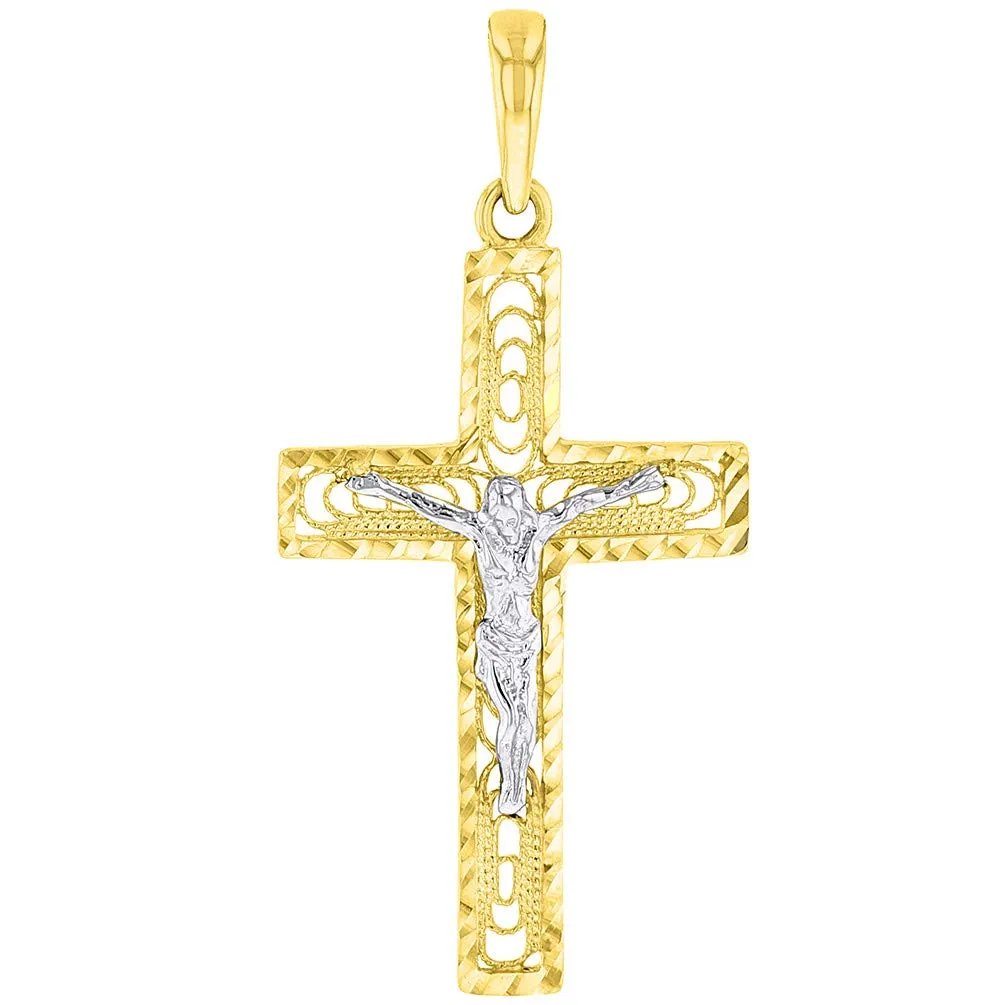 14k Two-Tone Gold Textured Catholic Cross Elegant Jesus Crucifix Pendant Necklace