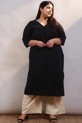 Black Cotton Linen V Neck Centre Pleat Kurti