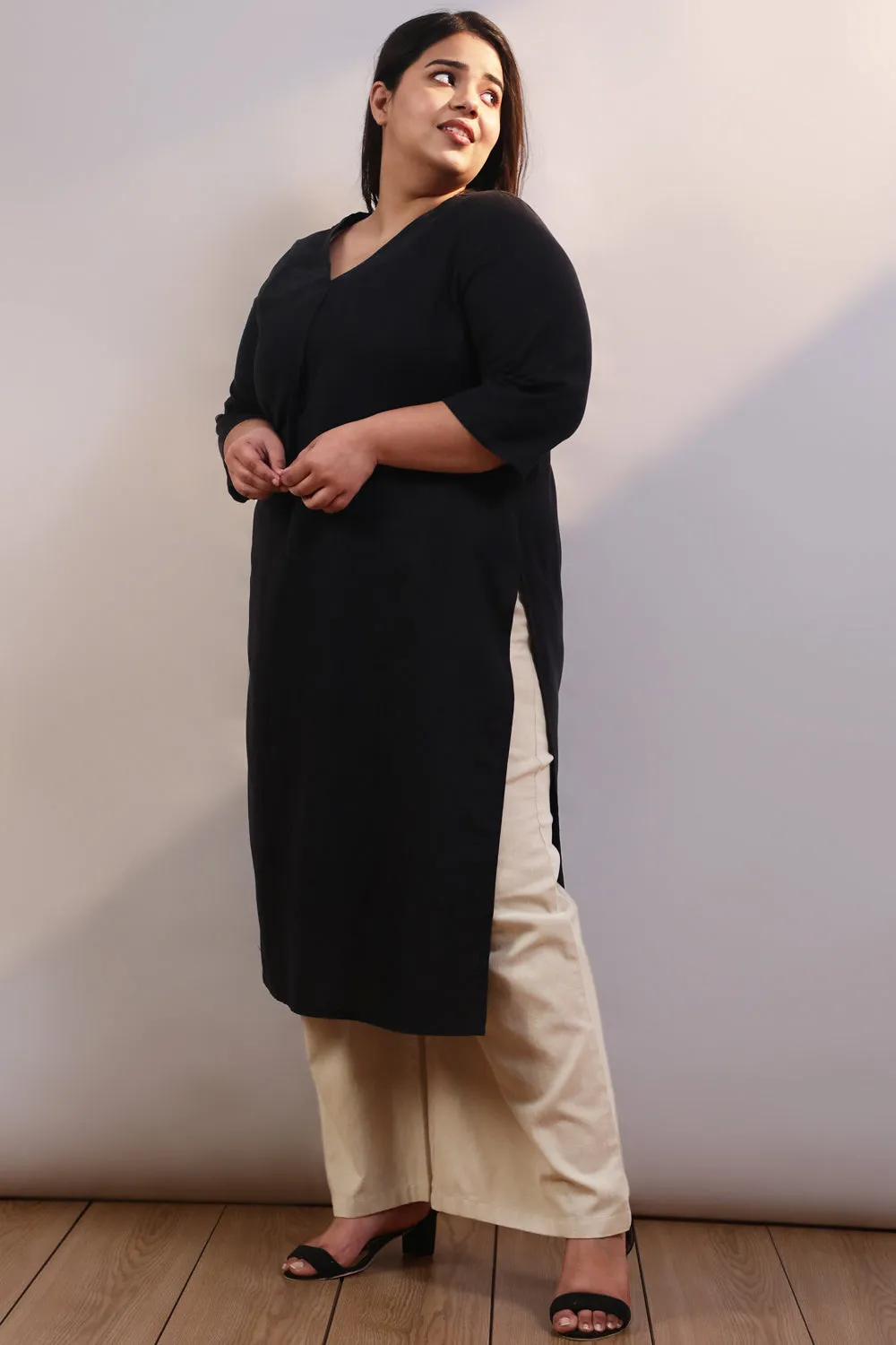 Black Cotton Linen V Neck Centre Pleat Kurti