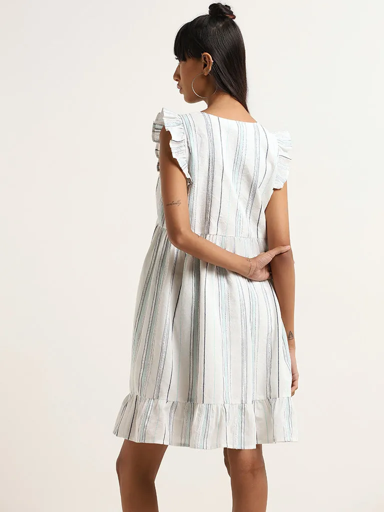 Bombay Paisley White Striped Cotton Straight Dress