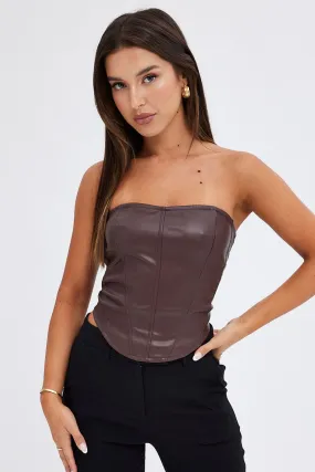 Brown Corset Sleeveless Strapless Longline Faux Leather