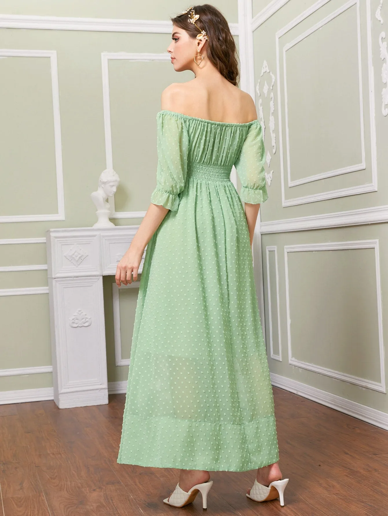 Chiffon Swiss Dot Shirred Bardot Flowy Dress