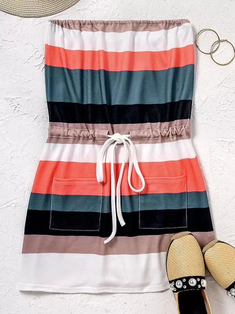 DressBetty - Women Strapless Sleeveless Mini Bandeau Dress Summer Casual Drawstring Striped Tube Splicing