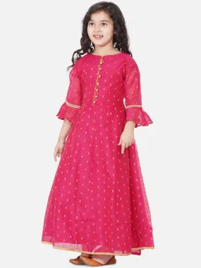 Girls Pink Bell Sleeves Ethnic Maxi Dress