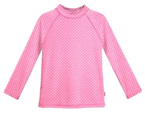 Girls UPF 50  Printed Long Sleeve Rashguard | Pink w- White Polka Dot