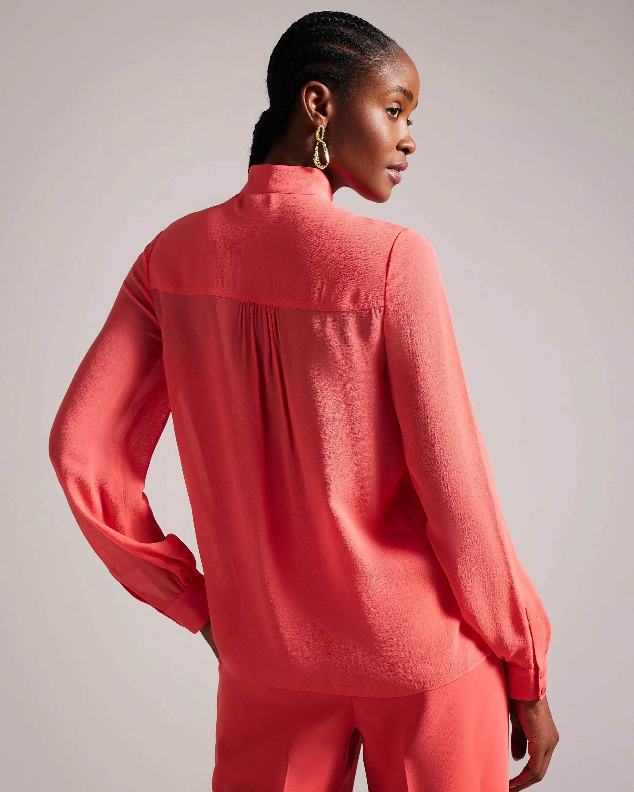 Hendra Stand Collar Blouse With Half Placket Coral