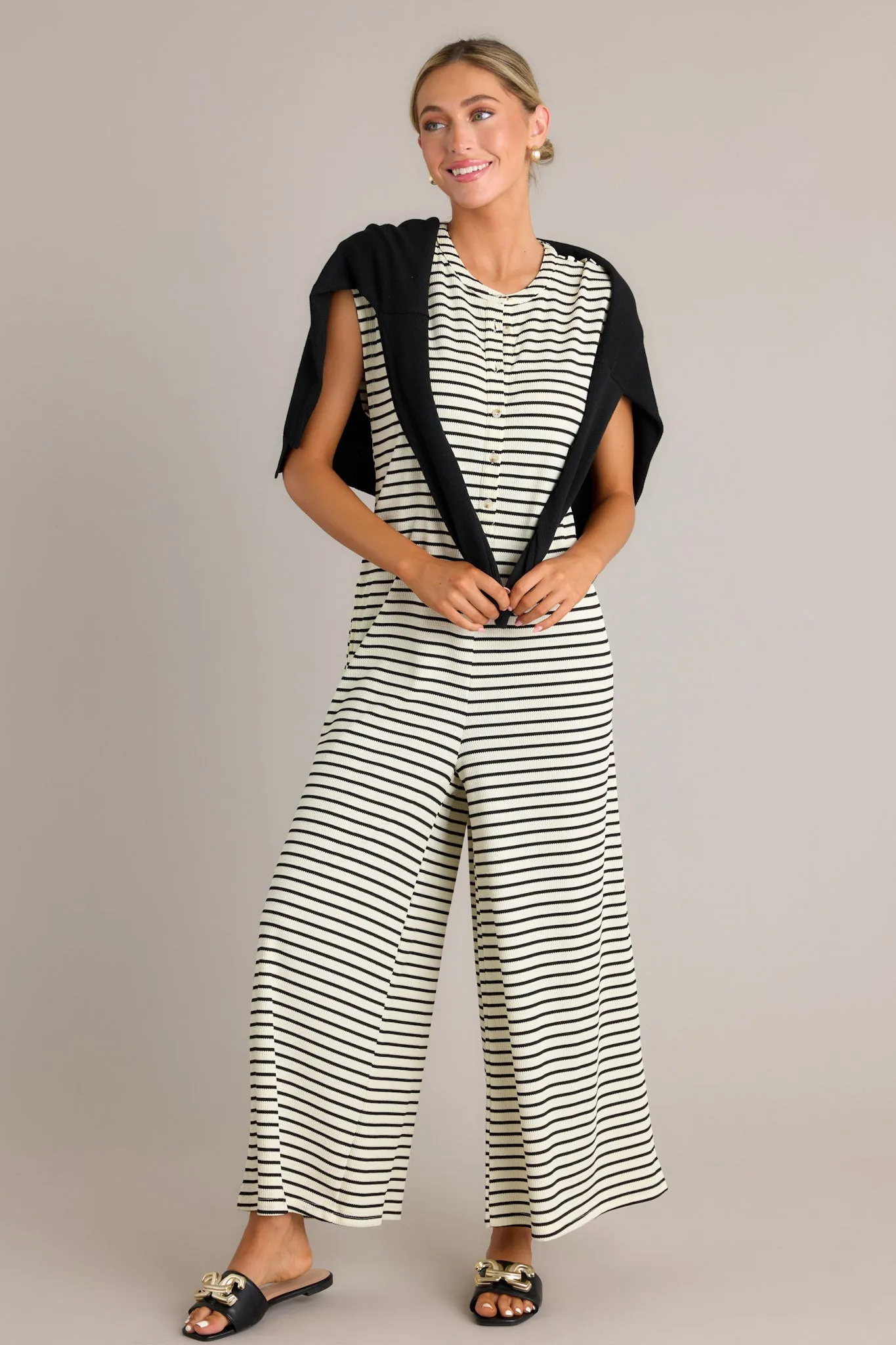 Linear Allure Black Stripe Textured Jumpsuit