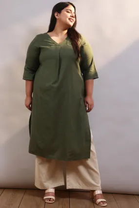 Olive Cotton Linen V Neck Centre Pleat Kurti