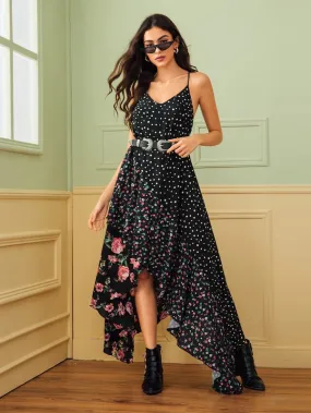 Polka Dot & Ditsy Floral Asymmetrical Hem Chiffon Cami Dress