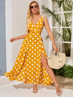 Polka Dot Split Thigh Maxi Dress