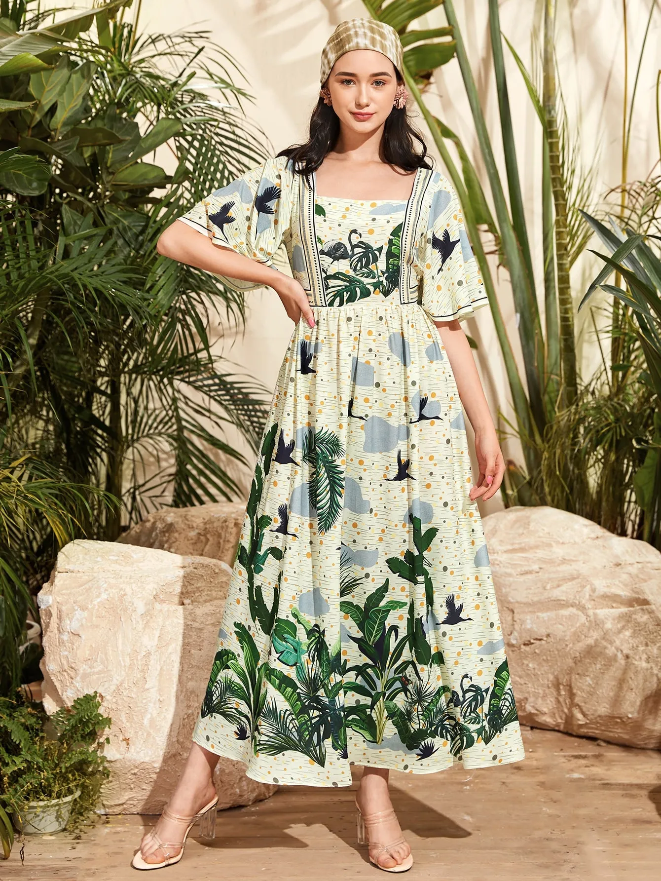 Square Neck Flutter Sleeve Tropical Print Dress