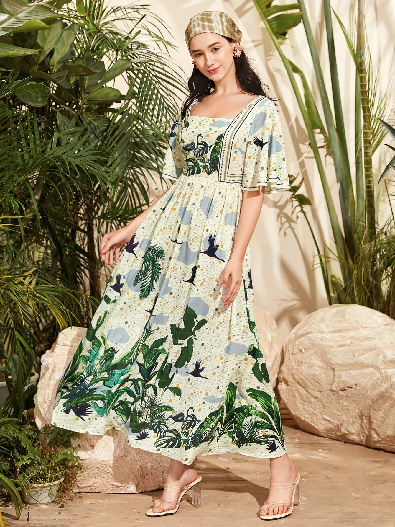 Square Neck Flutter Sleeve Tropical Print Dress