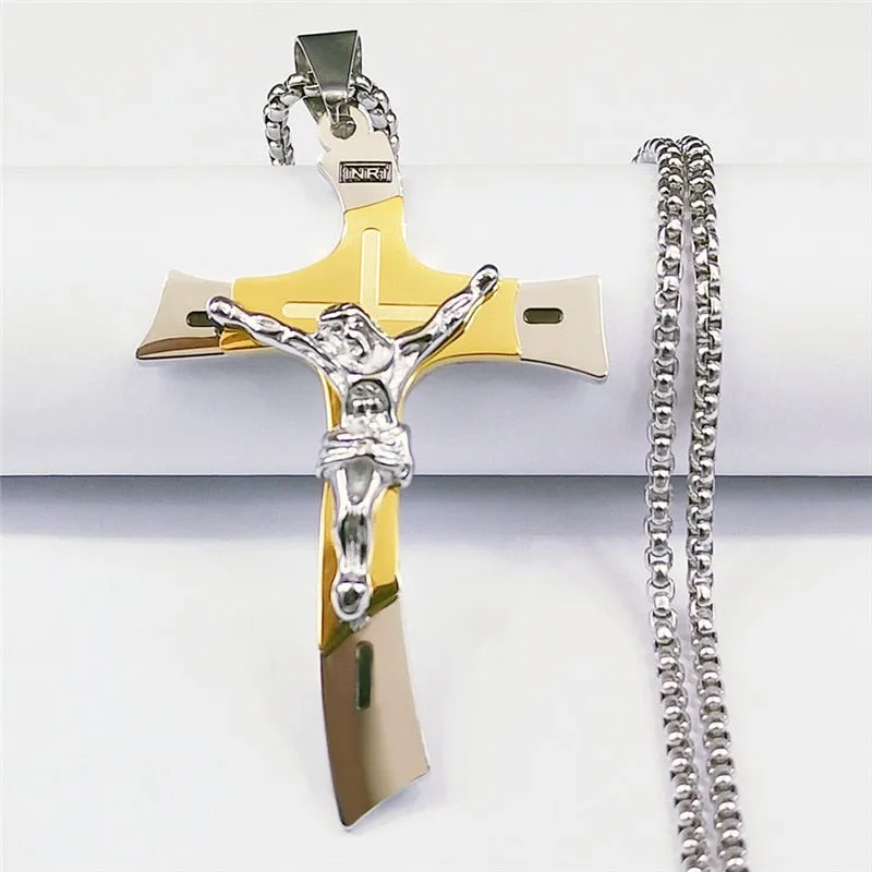 Stainless Steel Two-Tone  Cross Jesus Pendant Necklace