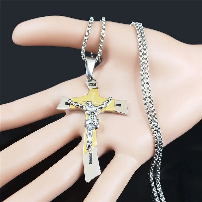 Stainless Steel Two-Tone  Cross Jesus Pendant Necklace