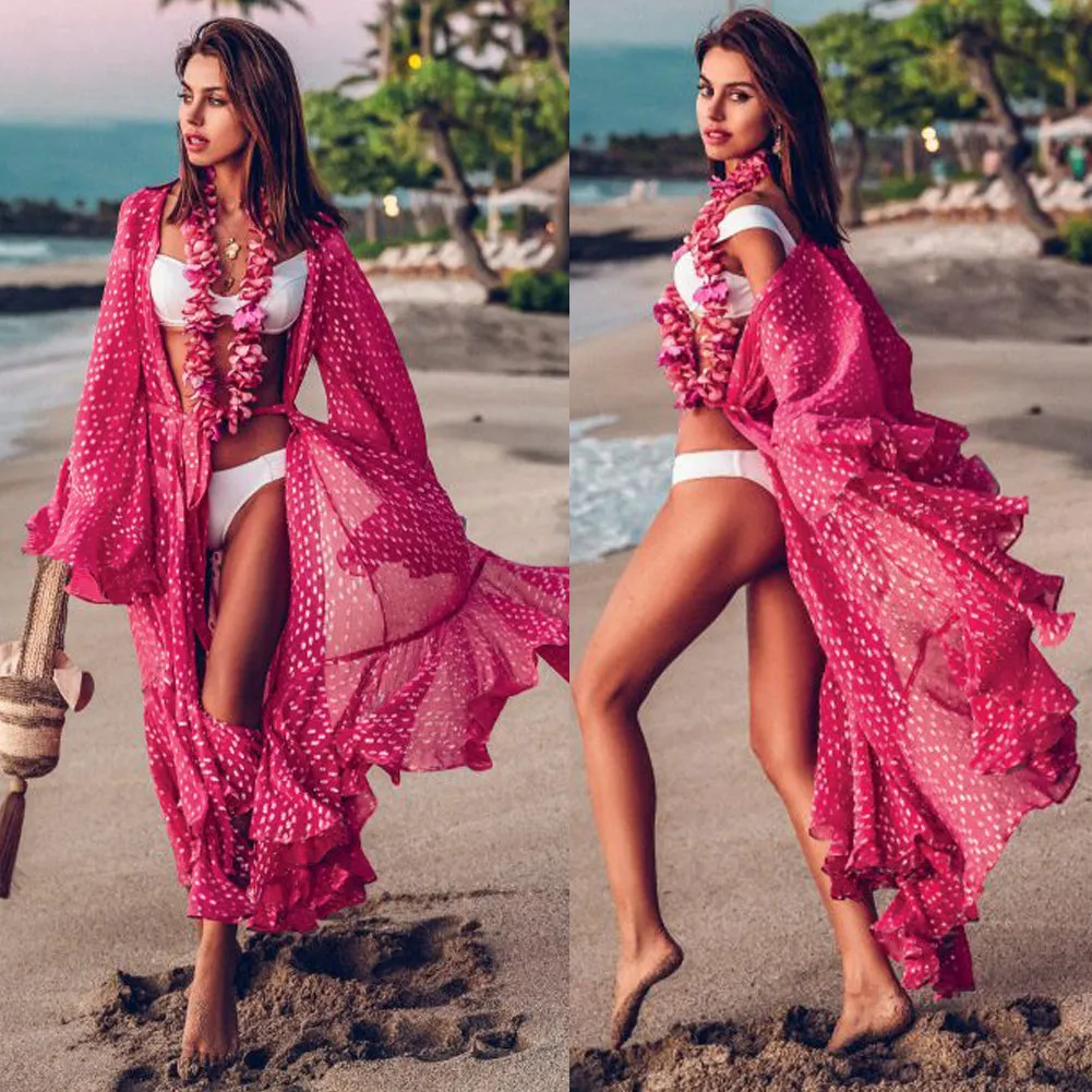 Summer Ruffle Dot Print Beach Boho Maxi Dress Long Sleeve Lace-Up Loose Hawaii Vacation Dress