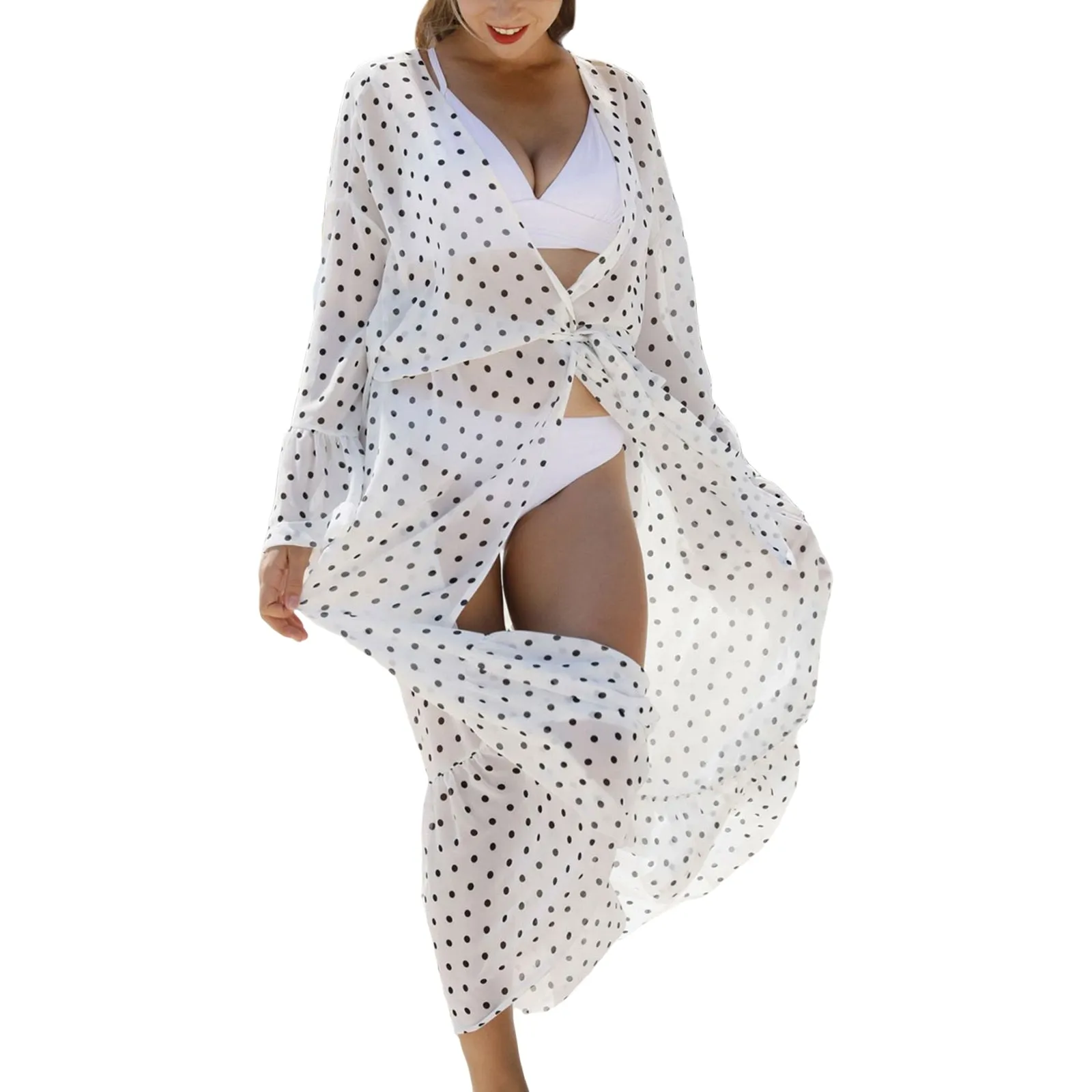 Summer Ruffle Dot Print Beach Boho Maxi Dress Long Sleeve Lace-Up Loose Hawaii Vacation Dress