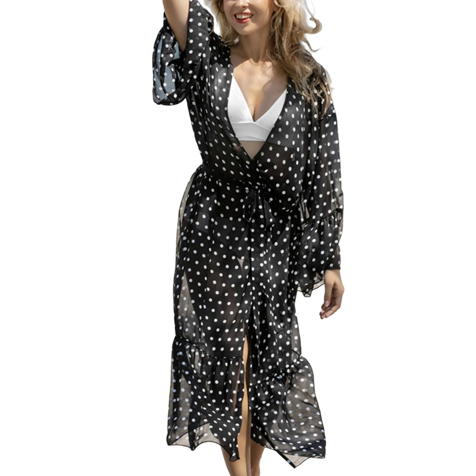 Summer Ruffle Dot Print Beach Boho Maxi Dress Long Sleeve Lace-Up Loose Hawaii Vacation Dress