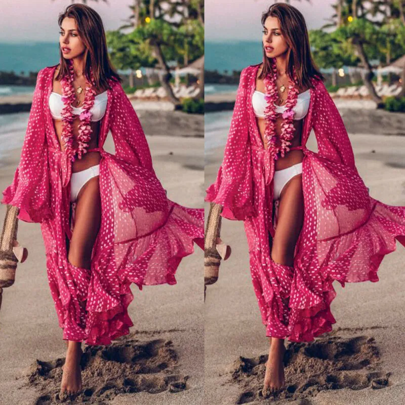 Summer Ruffle Dot Print Beach Boho Maxi Dress Long Sleeve Lace-Up Loose Hawaii Vacation Dress