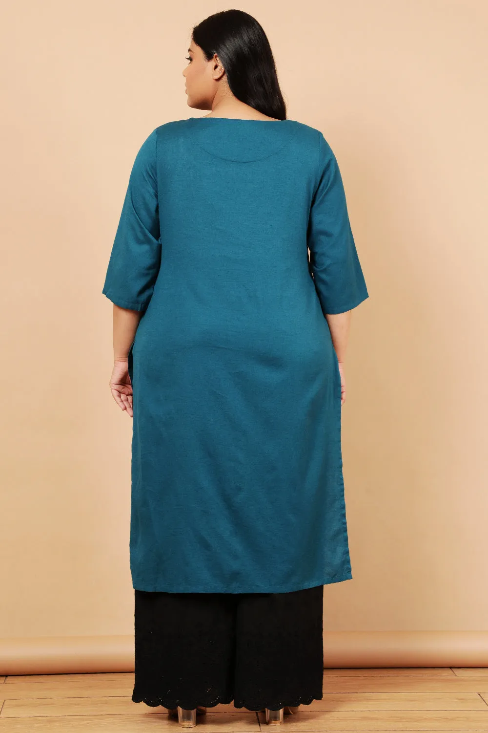 Teal Cotton Linen V Neck Centre Pleat Kurti