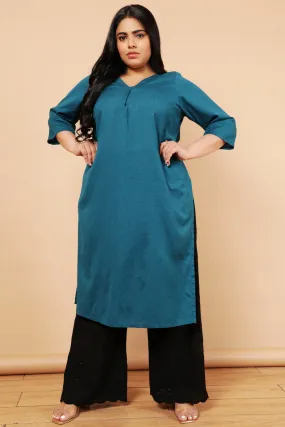 Teal Cotton Linen V Neck Centre Pleat Kurti