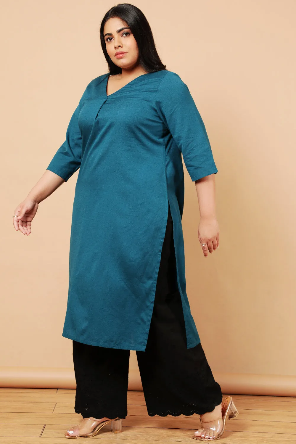 Teal Cotton Linen V Neck Centre Pleat Kurti